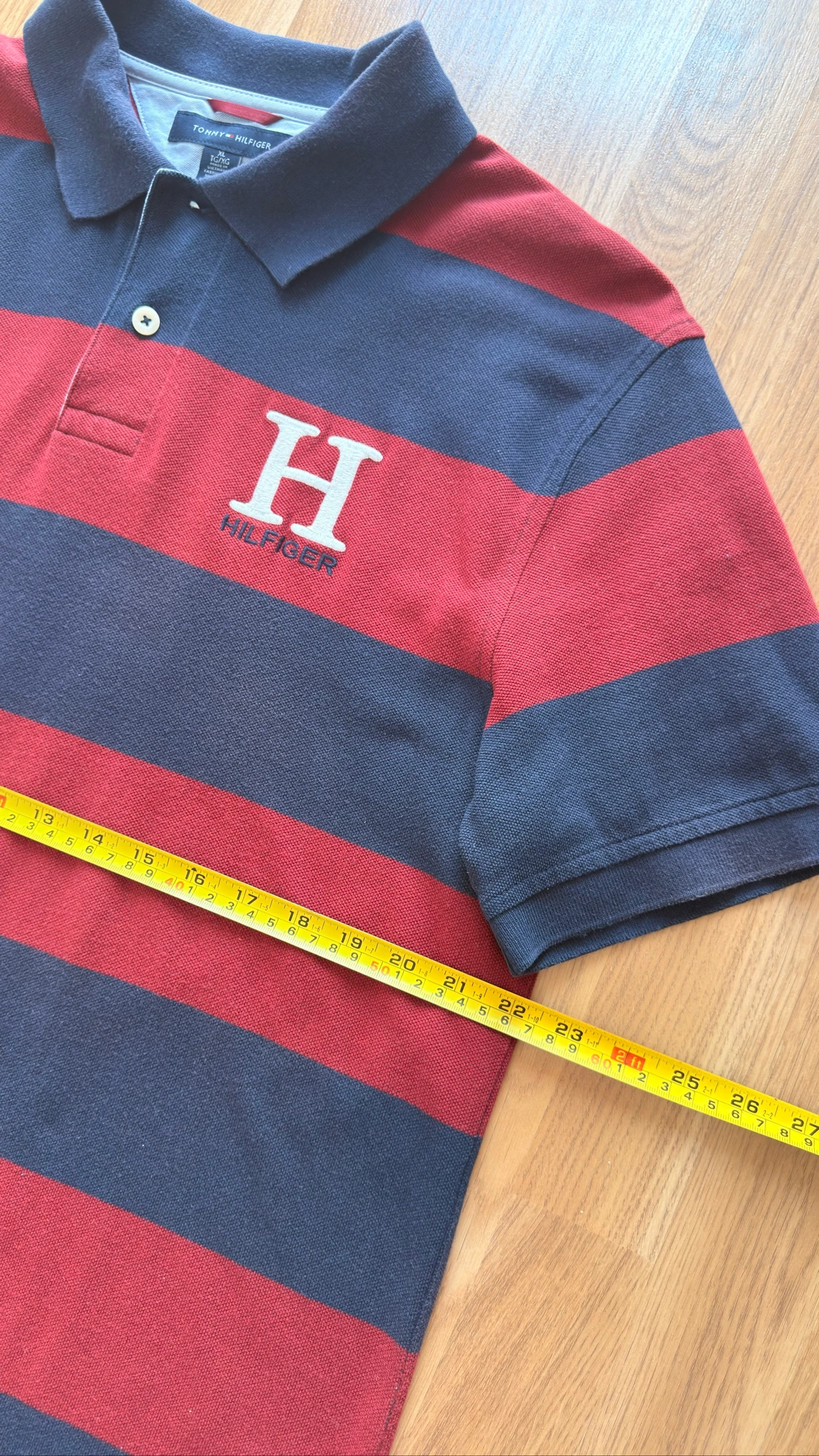 Tommy Hilfiger Polo Shirt Y2K Aesthetic Rugby Style Navy Burgundy Striped Slim Fit XL – photo 8